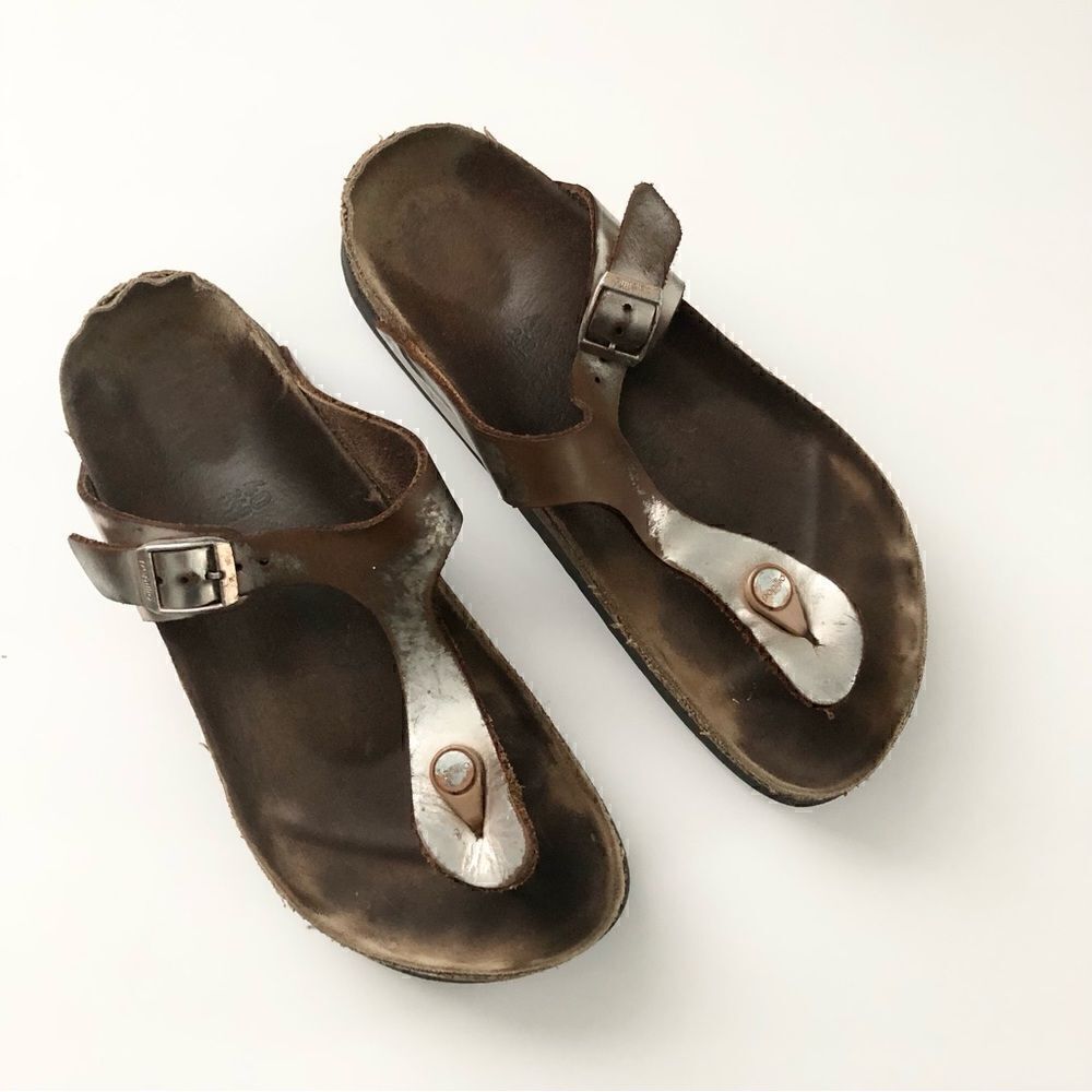 Birkenstock Papillio Gizeh style sandals silver and brown women’s size 40